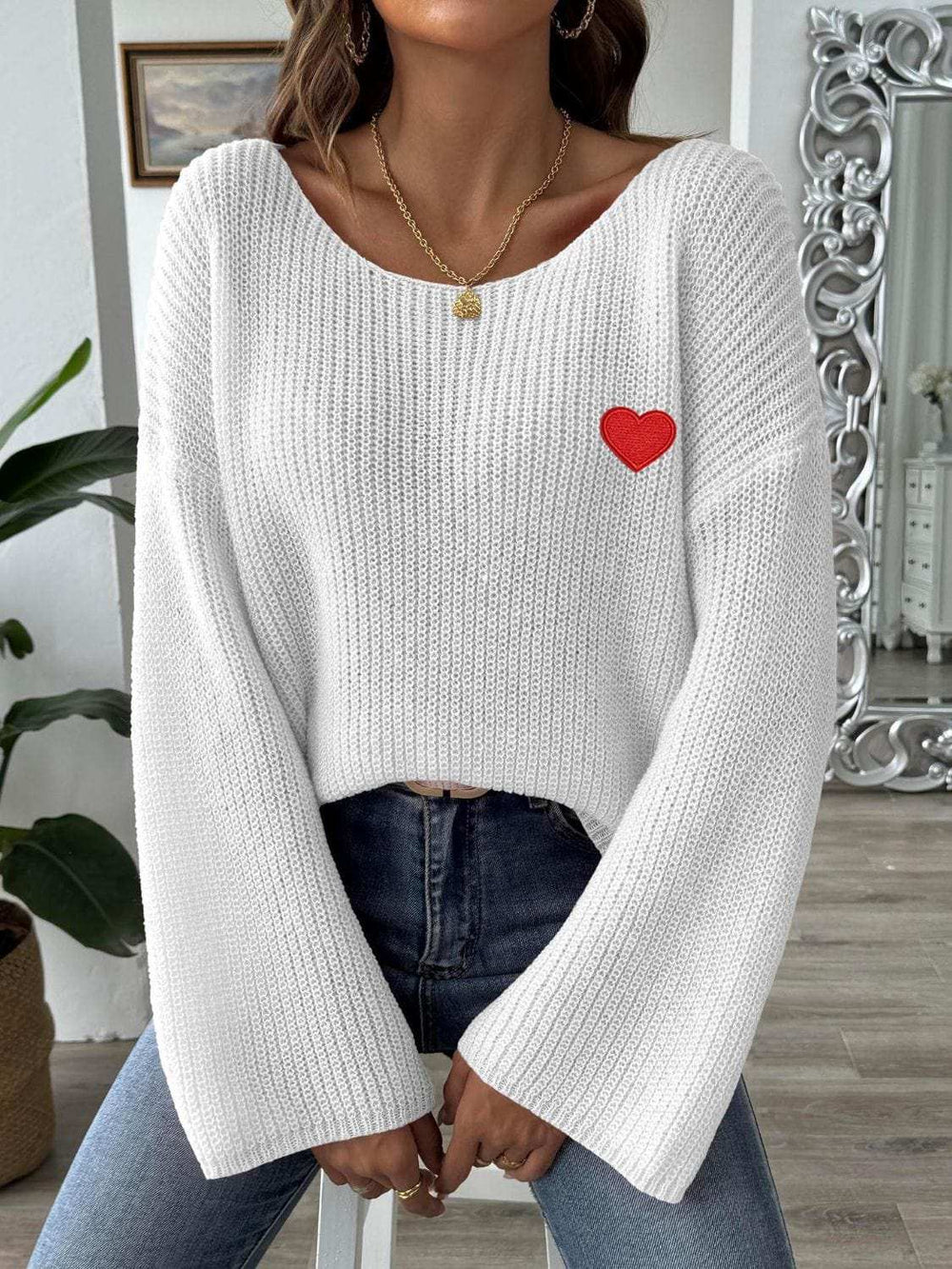 Heart Boat Neck Dropped Shoulder Sweater - Trendsi - Flyclothing LLC