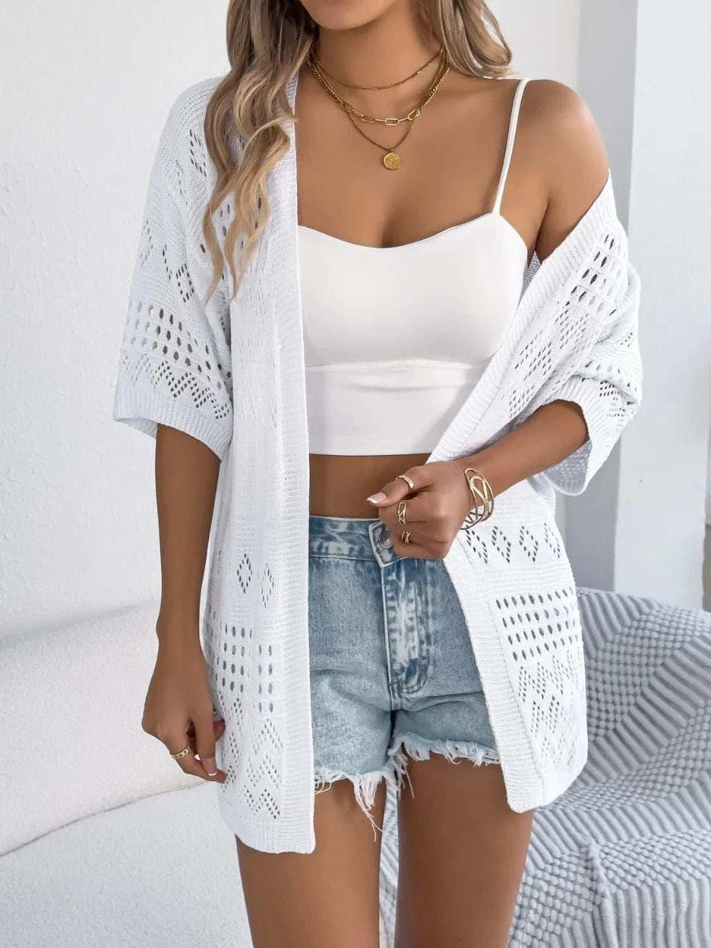Openwork Open Front Half Sleeve Cardigan - Trendsi - Flyclothing LLC
