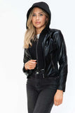 Snobbish Faux Leather Zip Up Drawstring Hooded Jacket - Trendsi - Flyclothing LLC