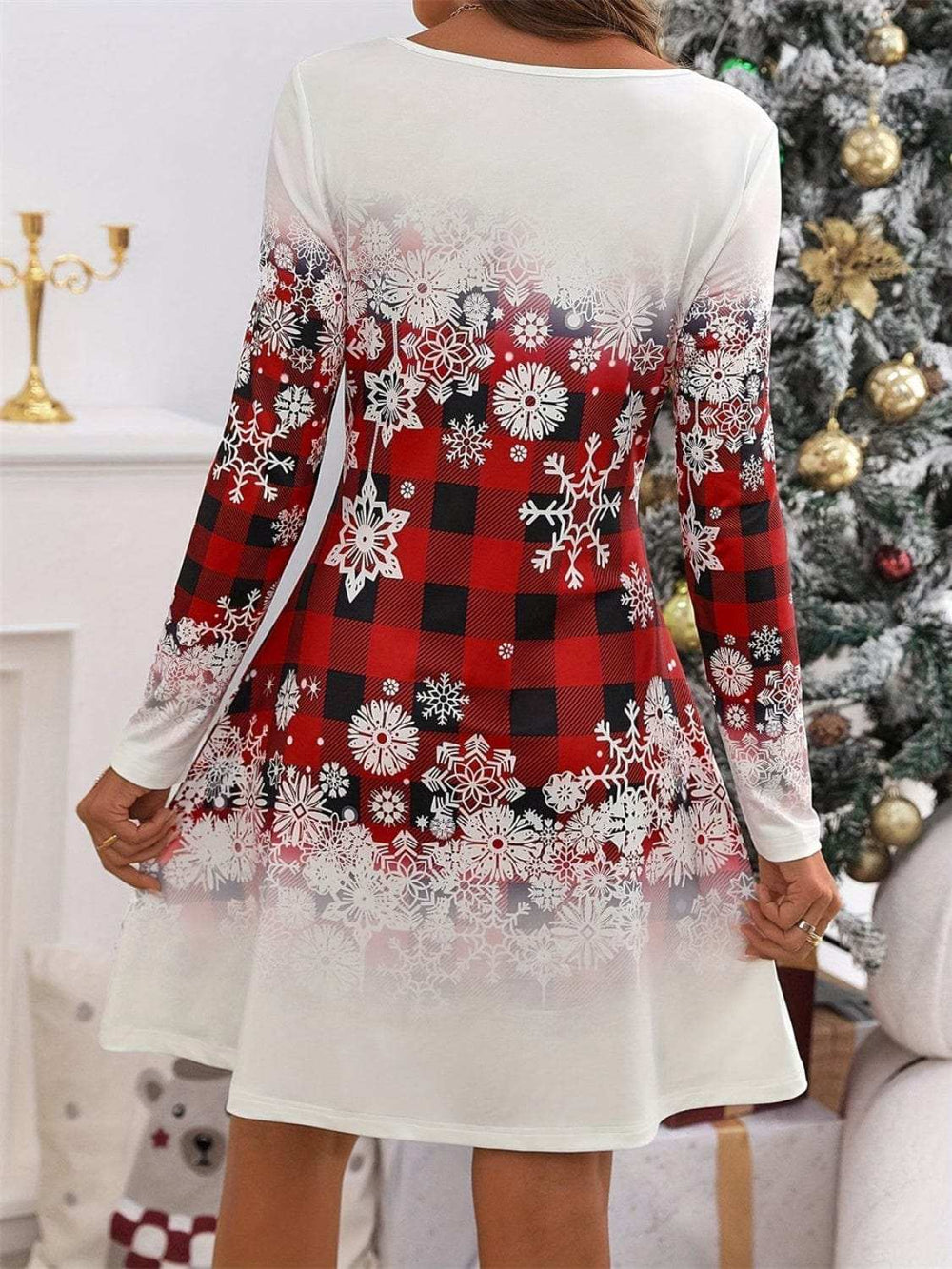 Snowflakes Plaid Round Neck Long Sleeve Dress - Trendsi - Flyclothing LLC
