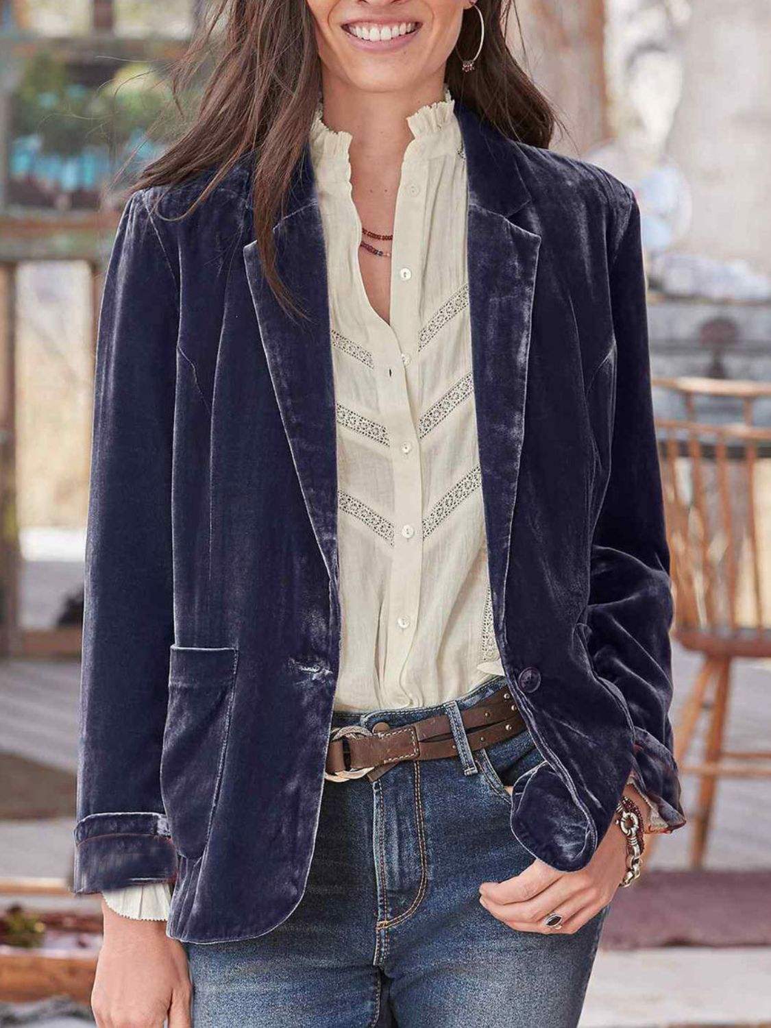 Pocketed Button Up Lapel Collar Blazer - Trendsi - Flyclothing LLC