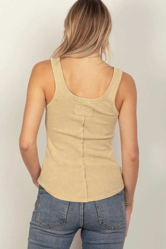 VERY J Washed Ribbed Tank with Placket Detail - Trendsi - Flyclothing LLC