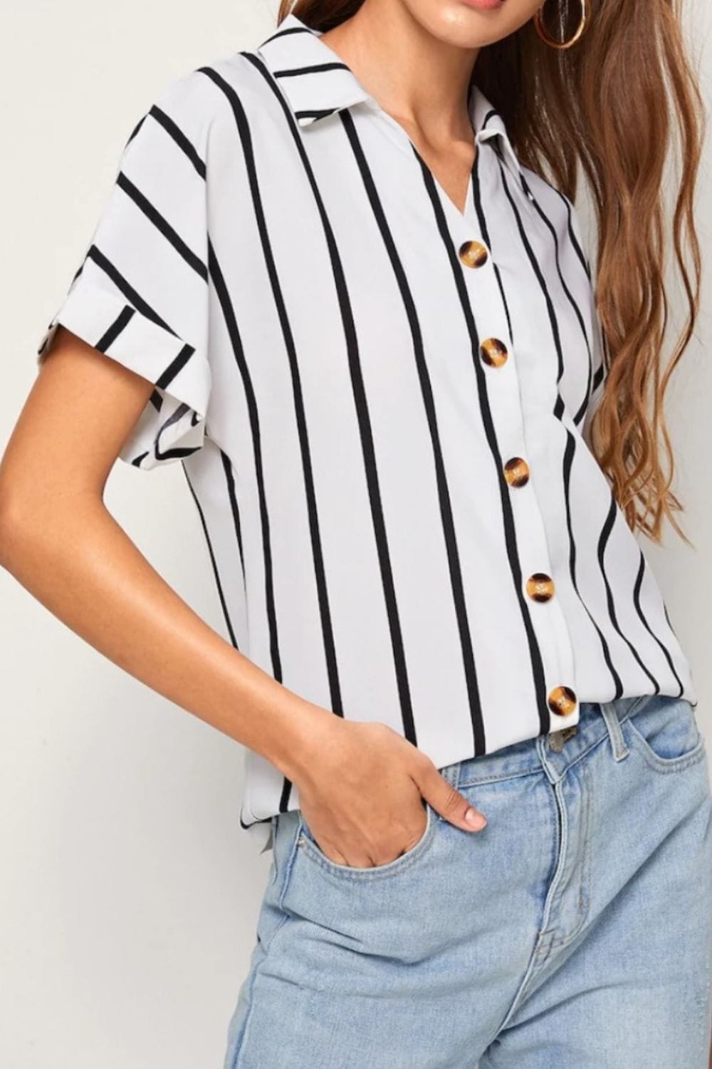 Striped Button Up Short Sleeve Shirt - Trendsi
