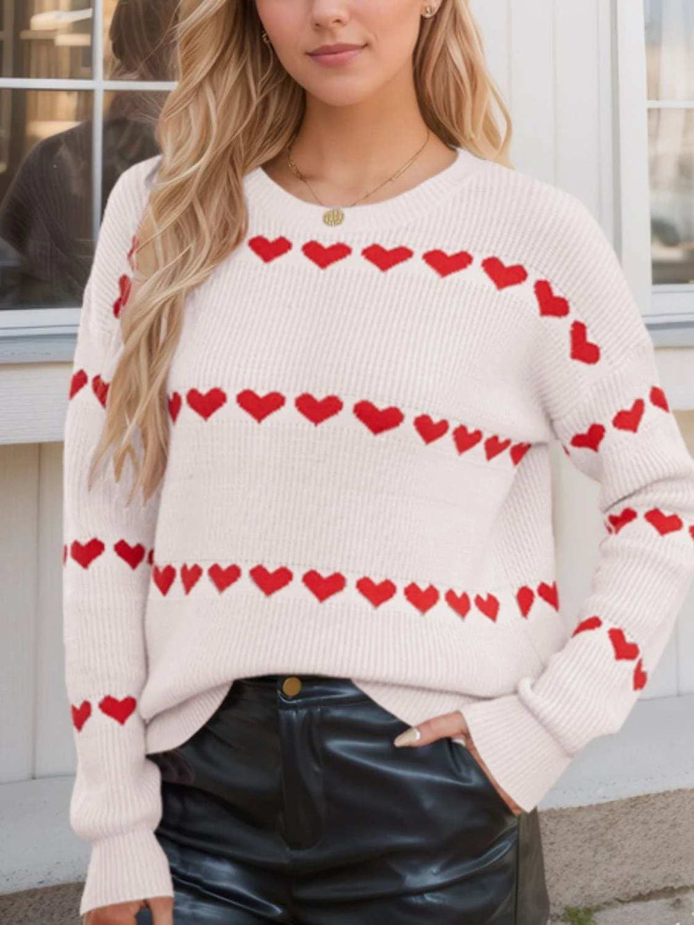 Heart Round Neck Long Sleeve Sweater - Trendsi - Flyclothing LLC