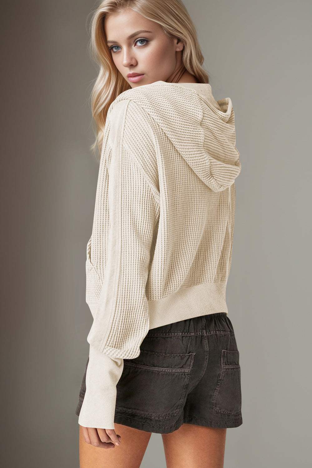 Double Take Waffle-Knit Zip Up Long Sleeve Hooded Jacket - Trendsi - Flyclothing LLC