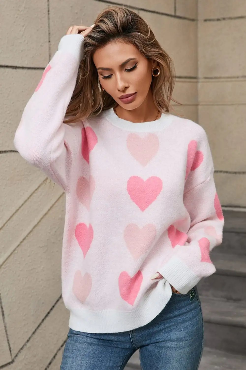 Angel Wings Heart Round Neck Long Sleeve Sweater - Trendsi
