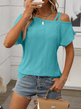 Eyelet Asymmetrical Shoulder Short Sleeve T-Shirt - Trendsi - Flyclothing LLC