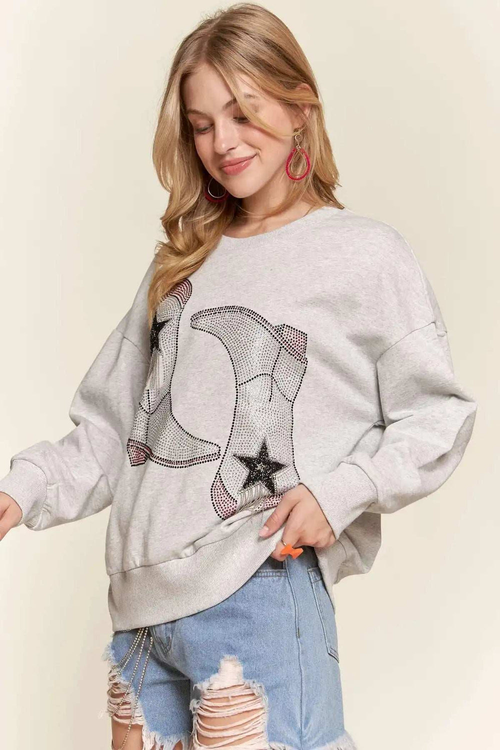 ADORA Rhinestone Accent Casual Sweatshirt - Trendsi - Flyclothing LLC
