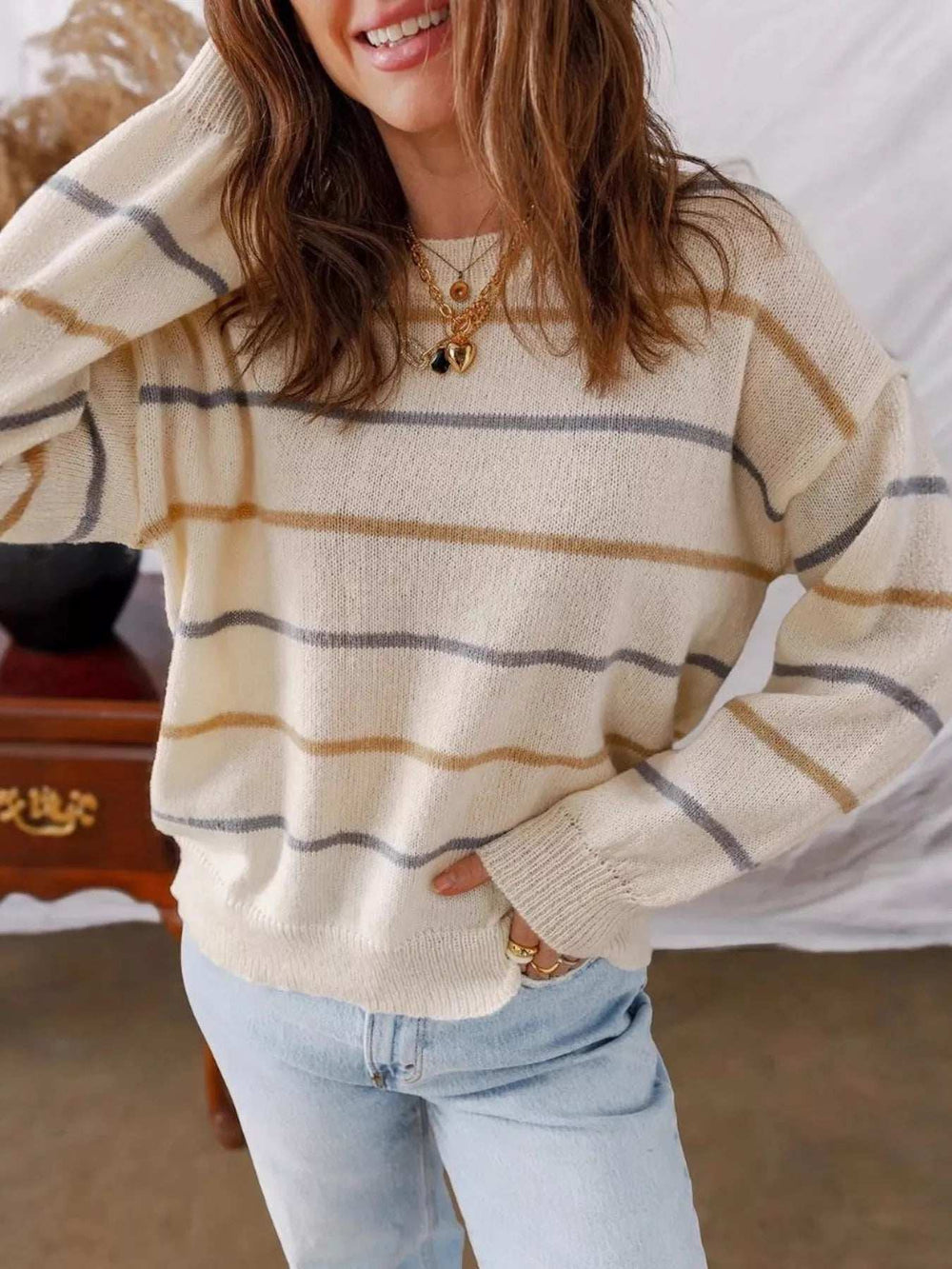 Striped Round Neck Drop Shoulder Sweater - Trendsi - Flyclothing LLC