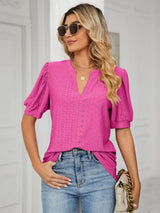 Florira Eyelet Notched Short Sleeve T-Shirt - Trendsi - Flyclothing LLC