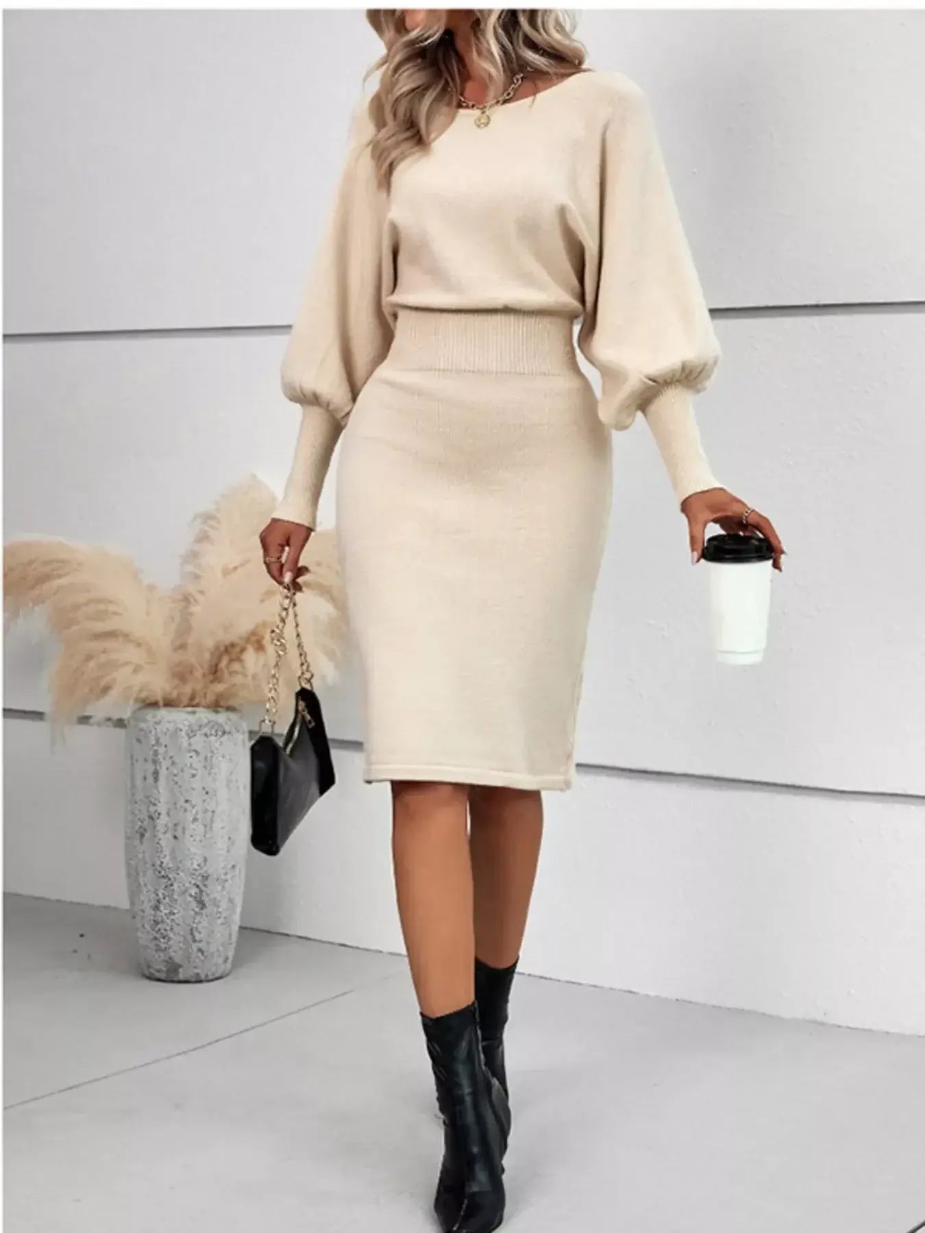 Lantern Sleeve Bodycon Sweater Dress - Trendsi - Flyclothing LLC