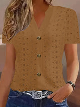 Openwork Notched Short Sleeve Top - Trendsi - Flyclothing LLC