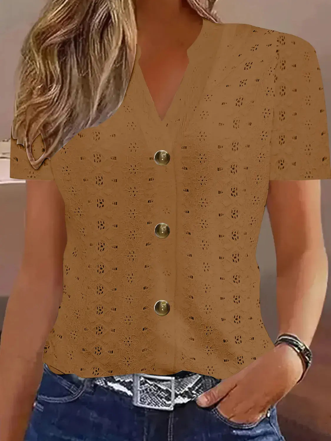 Openwork Notched Short Sleeve Top - Trendsi - Flyclothing LLC
