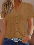 Openwork Notched Short Sleeve Top - Trendsi