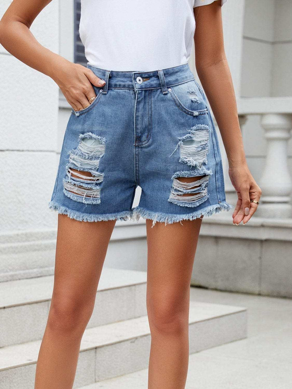Distressed Raw Hem Denim Shorts - Trendsi - Flyclothing LLC