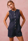 SO ME Button Up Front Washed Denim Sleeveless Romper - Trendsi - Flyclothing LLC