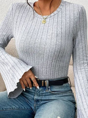 Ribbed Round Neck Flare Sleeve T-Shirt - Trendsi