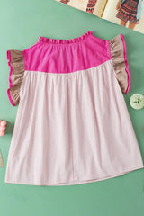 Color Block Notched Ruffled Cap Sleeve Blouse - Trendsi - Flyclothing LLC