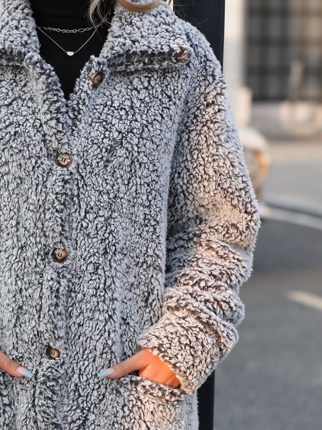 Pocketed Collared Neck Long Sleeve Plush Jacket - Trendsi
