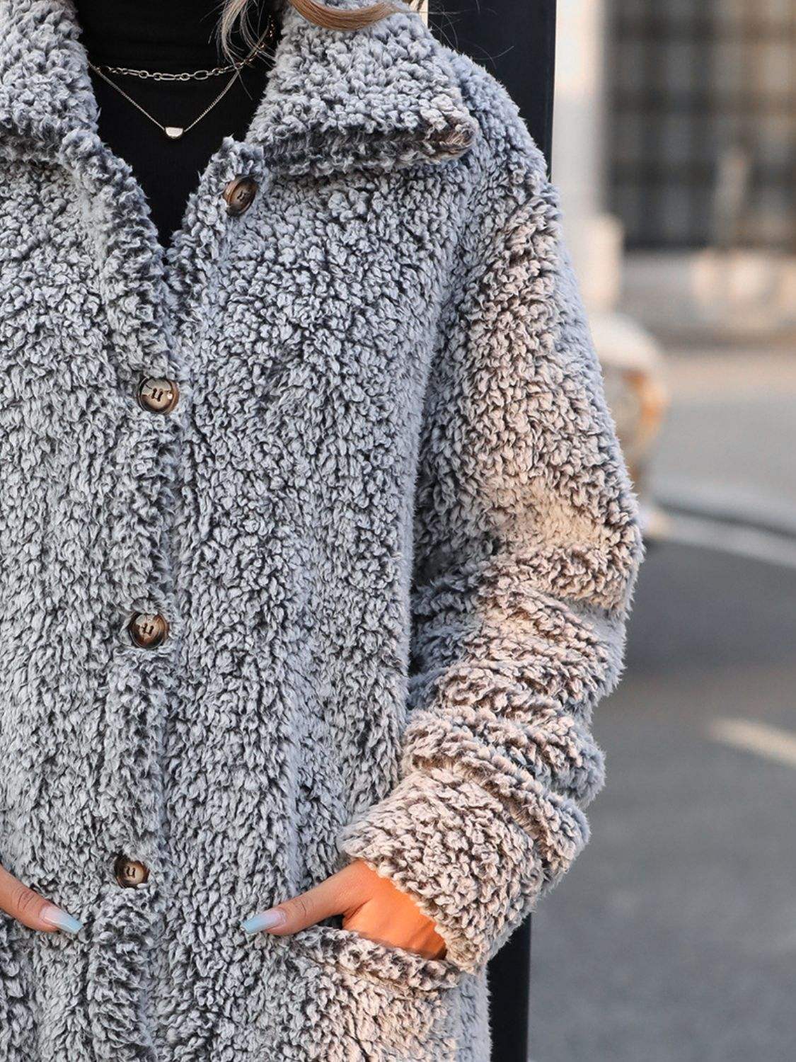Pocketed Collared Neck Long Sleeve Plush Jacket - Trendsi - Flyclothing LLC
