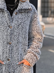 Pocketed Collared Neck Long Sleeve Plush Jacket - Trendsi
