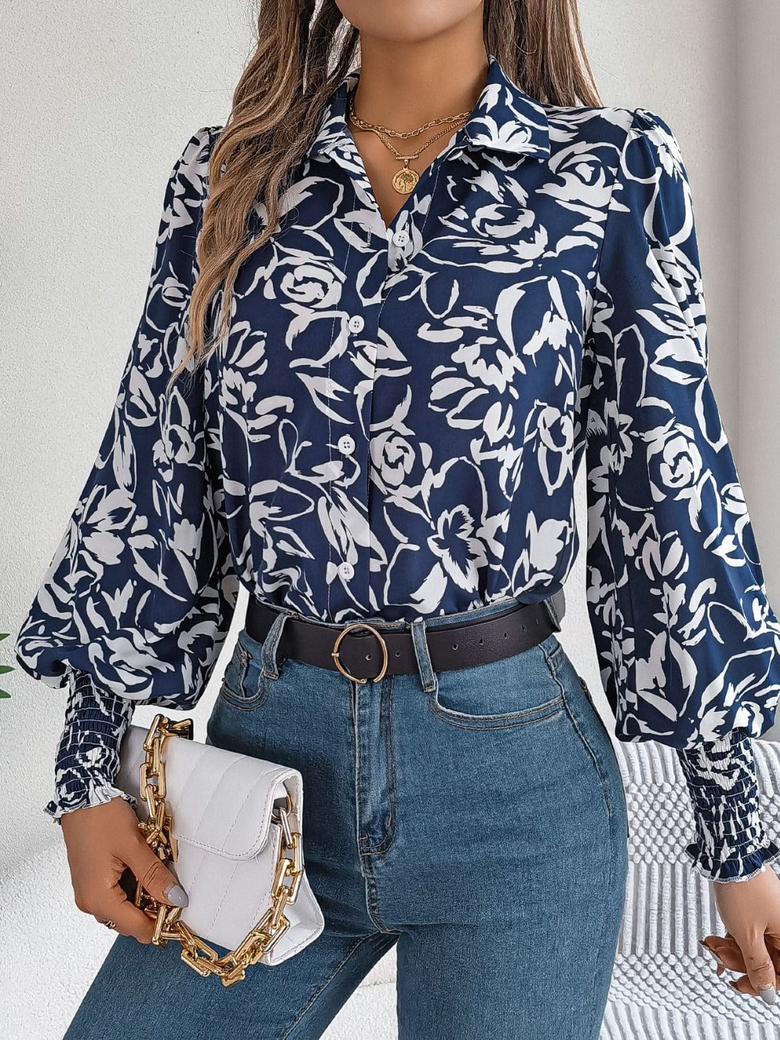 Printed Collared Neck Lantern Sleeve Shirt - Trendsi