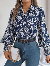 Printed Collared Neck Lantern Sleeve Shirt - Trendsi - Flyclothing LLC