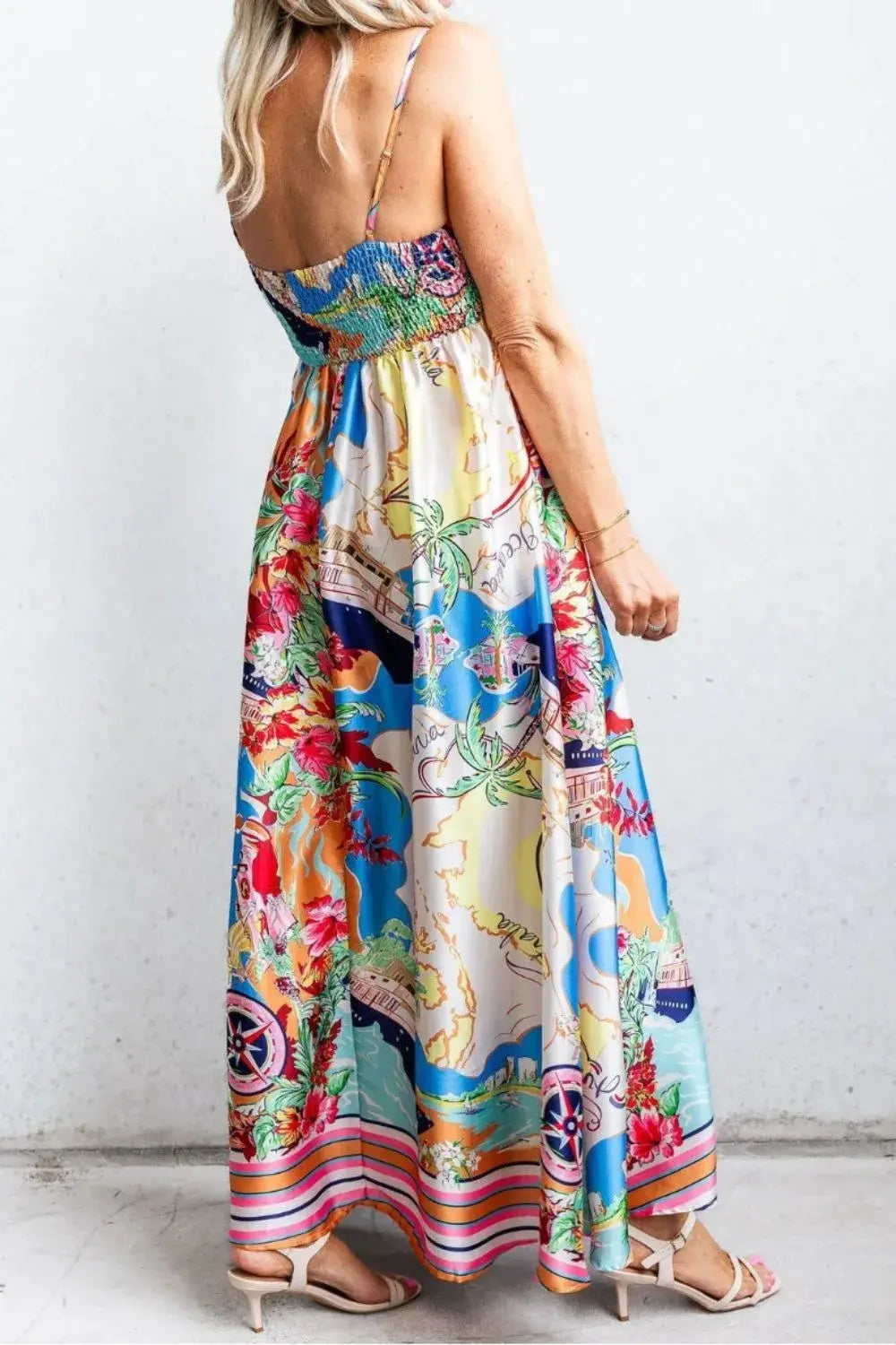 Smocked Back Printed Square Neck Maxi Cami Dress with Pockets - Trendsi - Flyclothing LLC