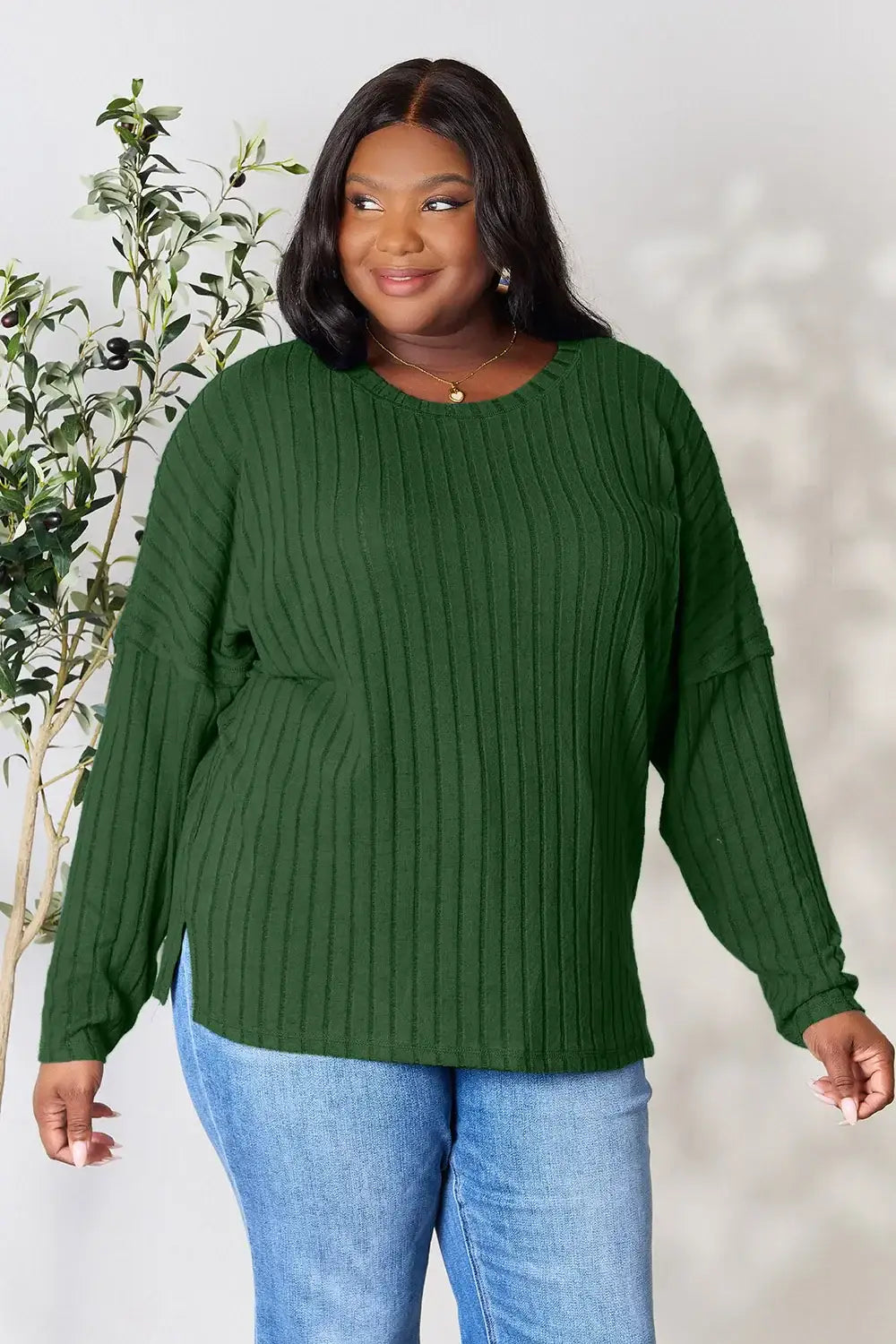 Basic Bae Full Size Ribbed Round Neck Slit Knit Top - ShopBasicbae - Flyclothing LLC