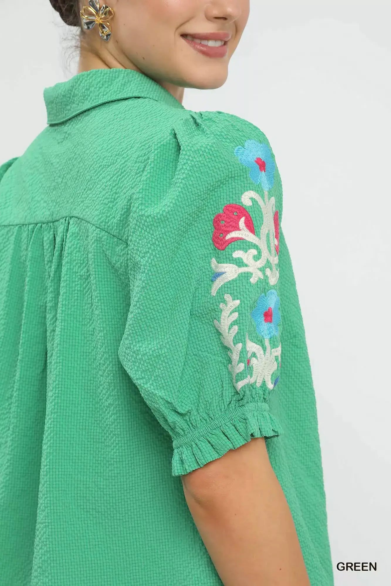 Umgee Seersucker Embroidered Sleeve Blouse - Trendsi - Flyclothing LLC