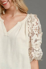 Umgee Full Size French Terry Boxy Cut Top with 3D Floral Sleeve Plus Size - Trendsi - Flyclothing LLC