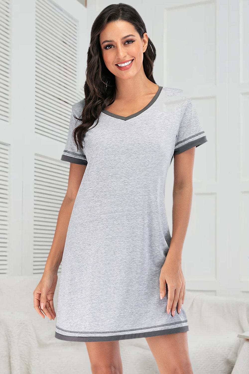Contrast Trim Short Sleeve Lounge Dress - Trendsi - Flyclothing LLC