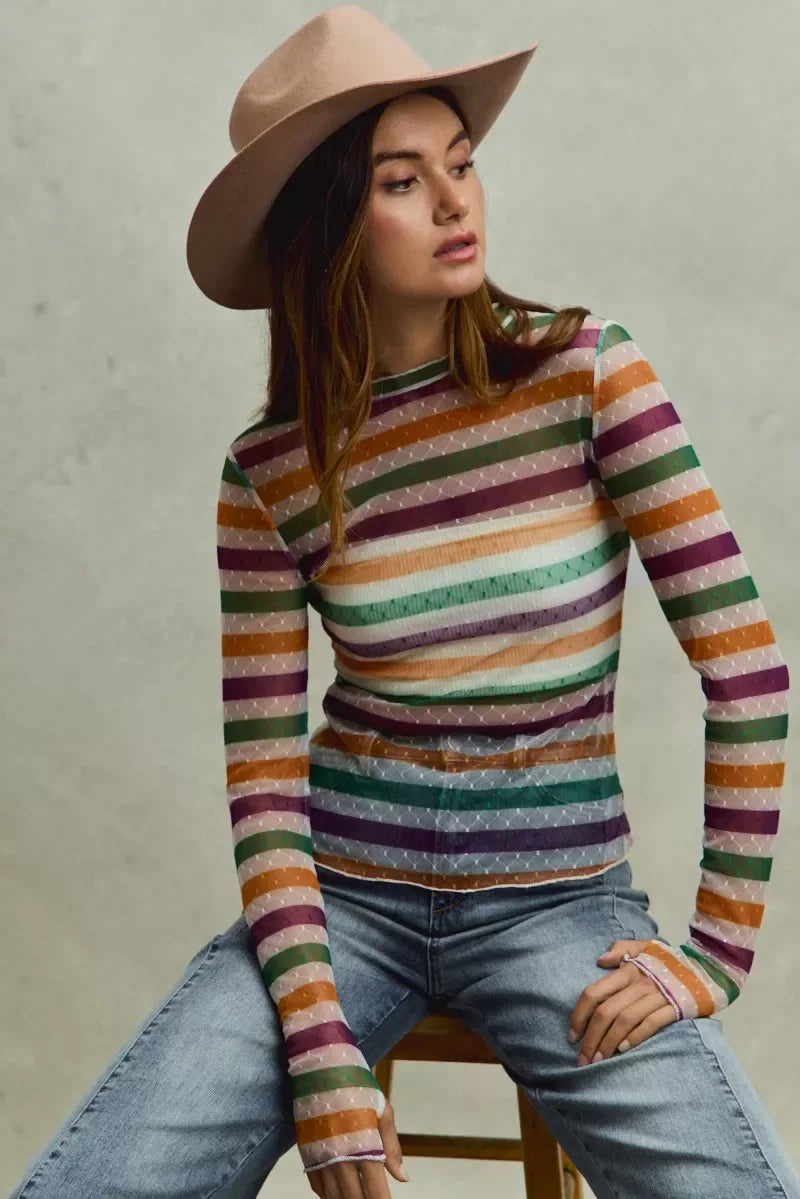 SO ME Mardi Gras Color Stripe Stretch Mesh Top - Trendsi - Flyclothing LLC