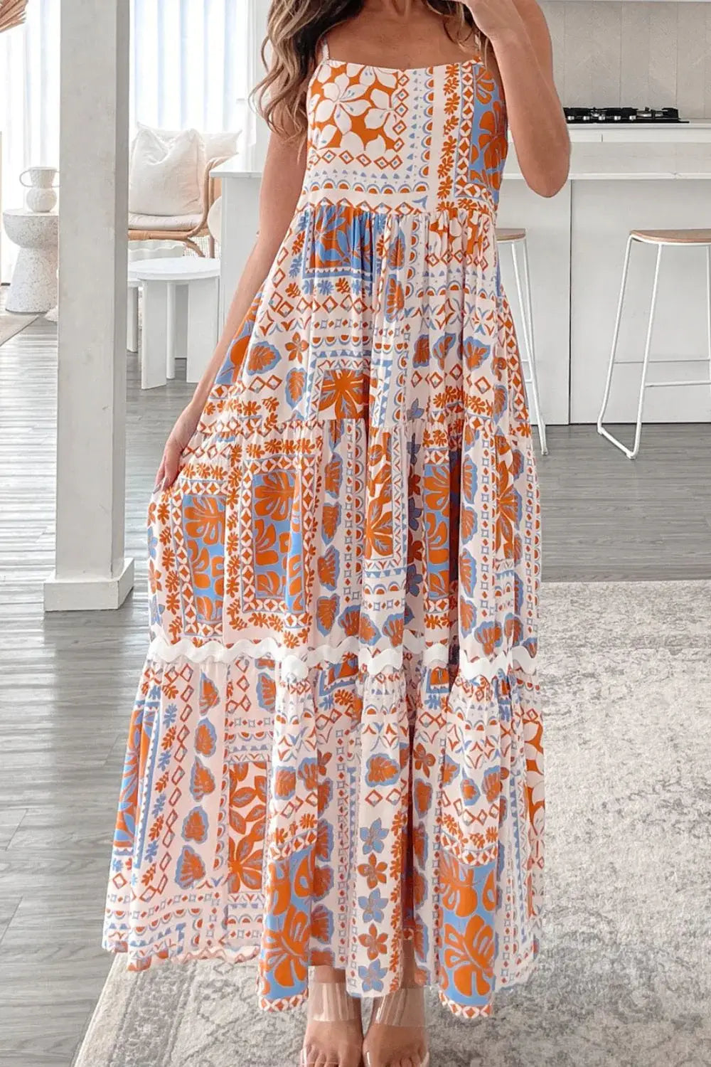 Printed Smocked Back Ricrac Trim Cami Dress - Trendsi - Flyclothing LLC