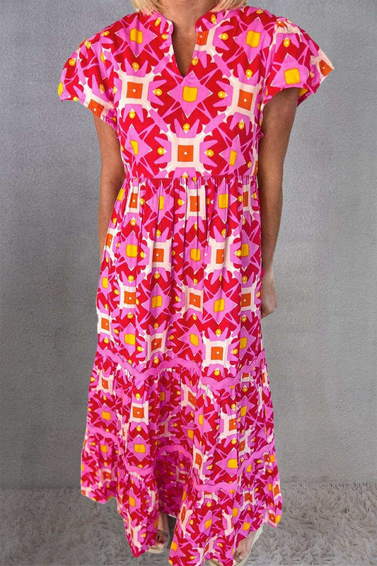 Printed Notched Cap Sleeve Dress - Trendsi - Flyclothing LLC