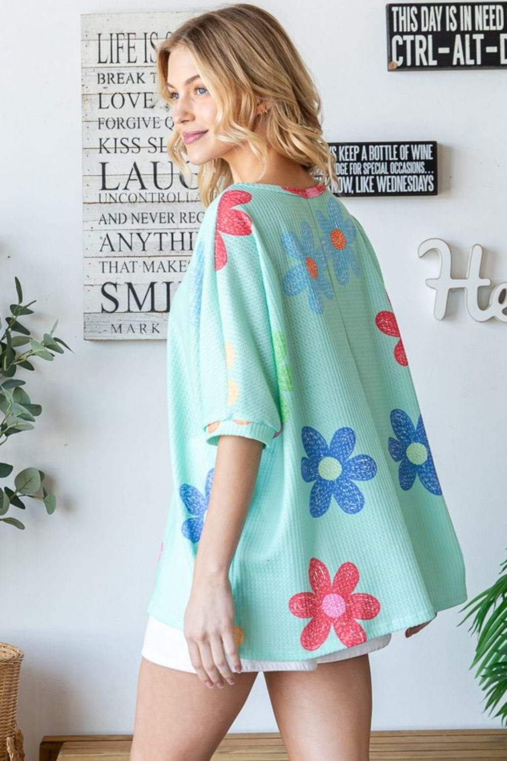 HOPELY Floral Waffle Oversize T-Shirt - Trendsi - Flyclothing LLC