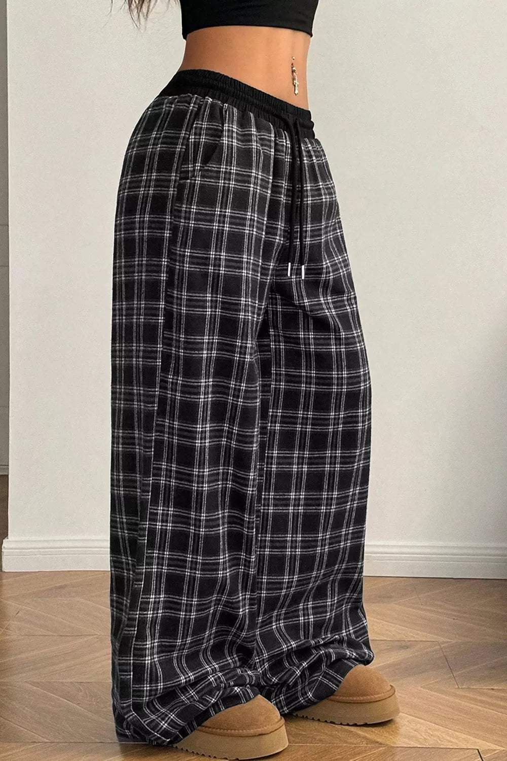 Plaid Wide-Leg Drawstring Pants - Trendsi - Flyclothing LLC