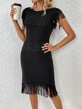 Fringe Openwork Boat Neck Knit Dress - Trendsi - Flyclothing LLC
