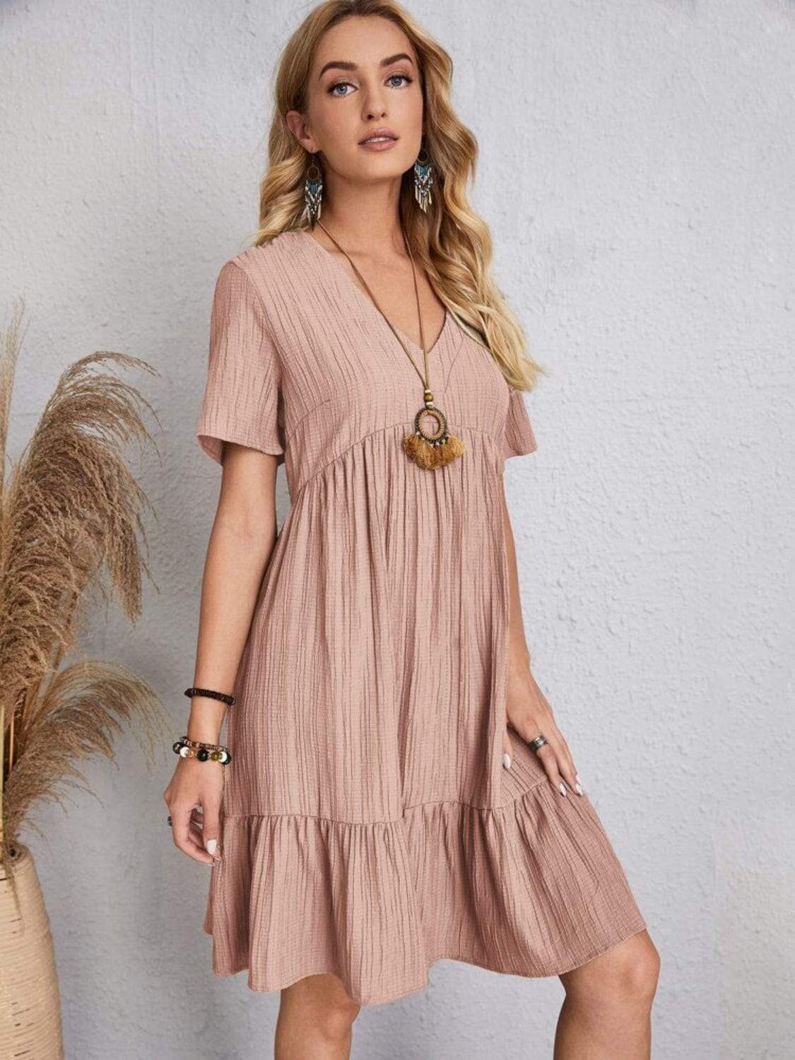 Full Size V-Neck Short Sleeve Dress - Trendsi - Flyclothing LLC