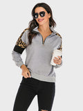 Perfee Contrast Leopard Half Zip Long Sleeve Sweatshirt - Trendsi