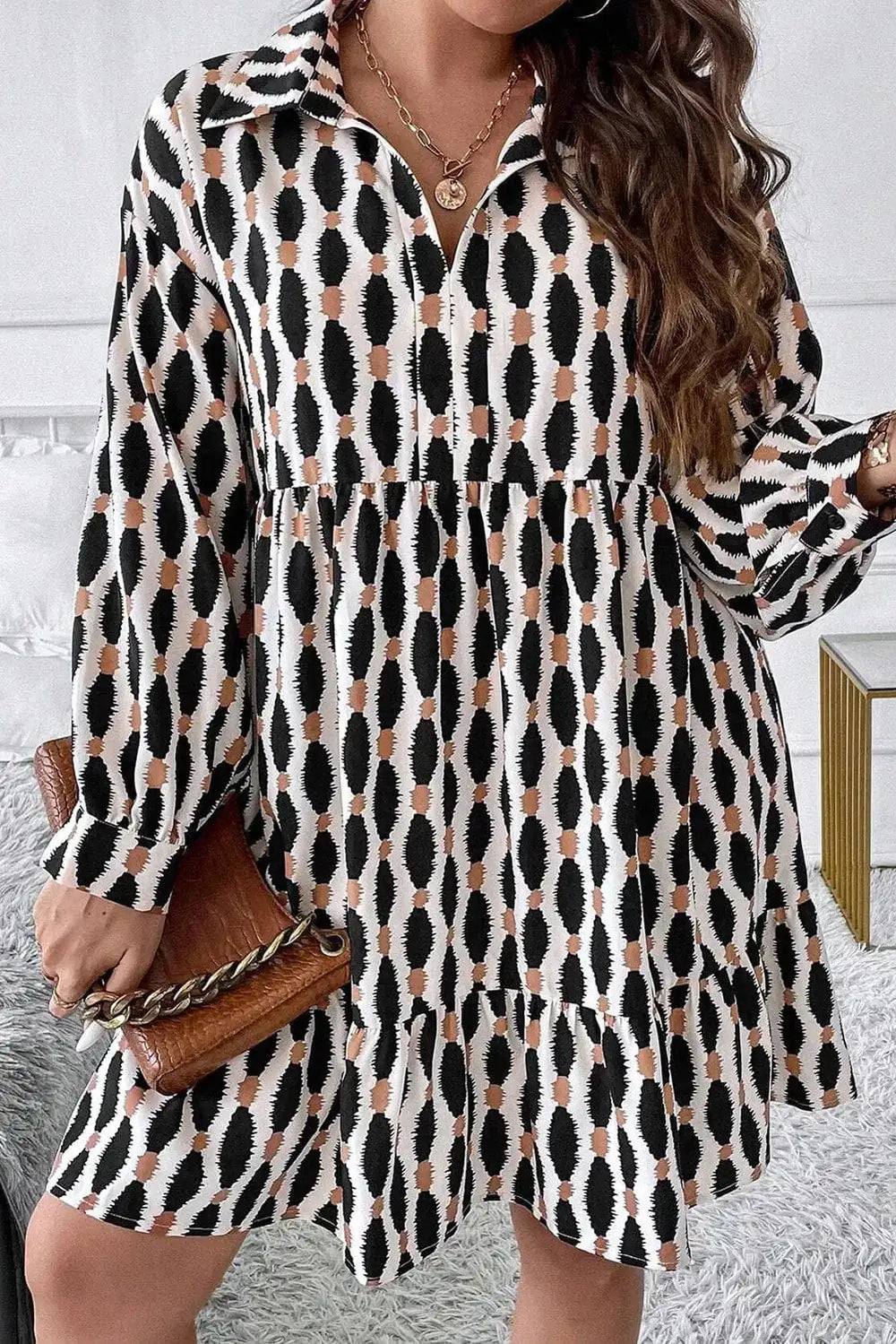 Plus Size Printed Johnny Collar Long Sleeve Dress - Trendsi