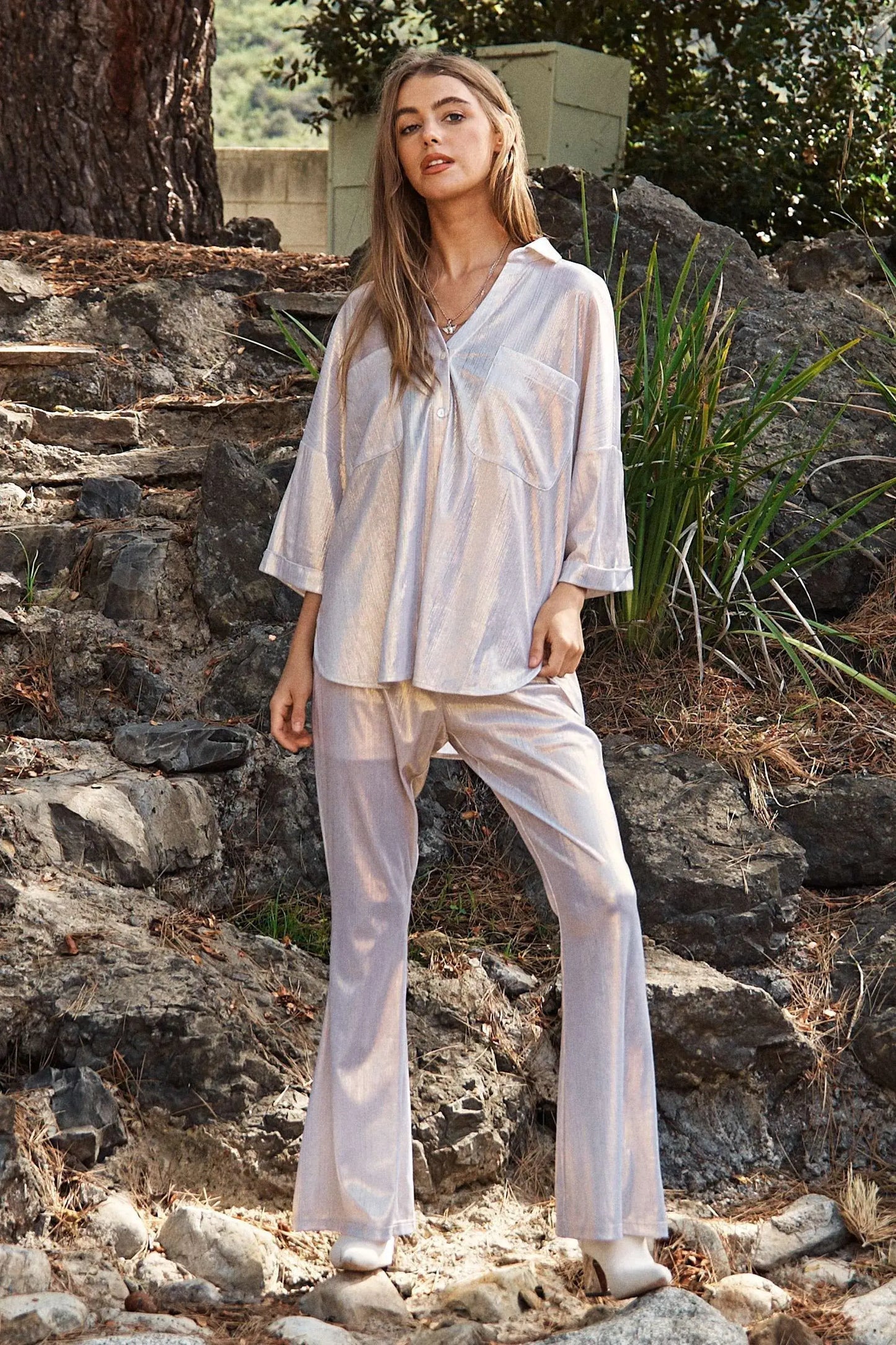 Davi & Dani Solid Sparkling Shimmer Pocket Button Front Shirt - Trendsi - Flyclothing LLC