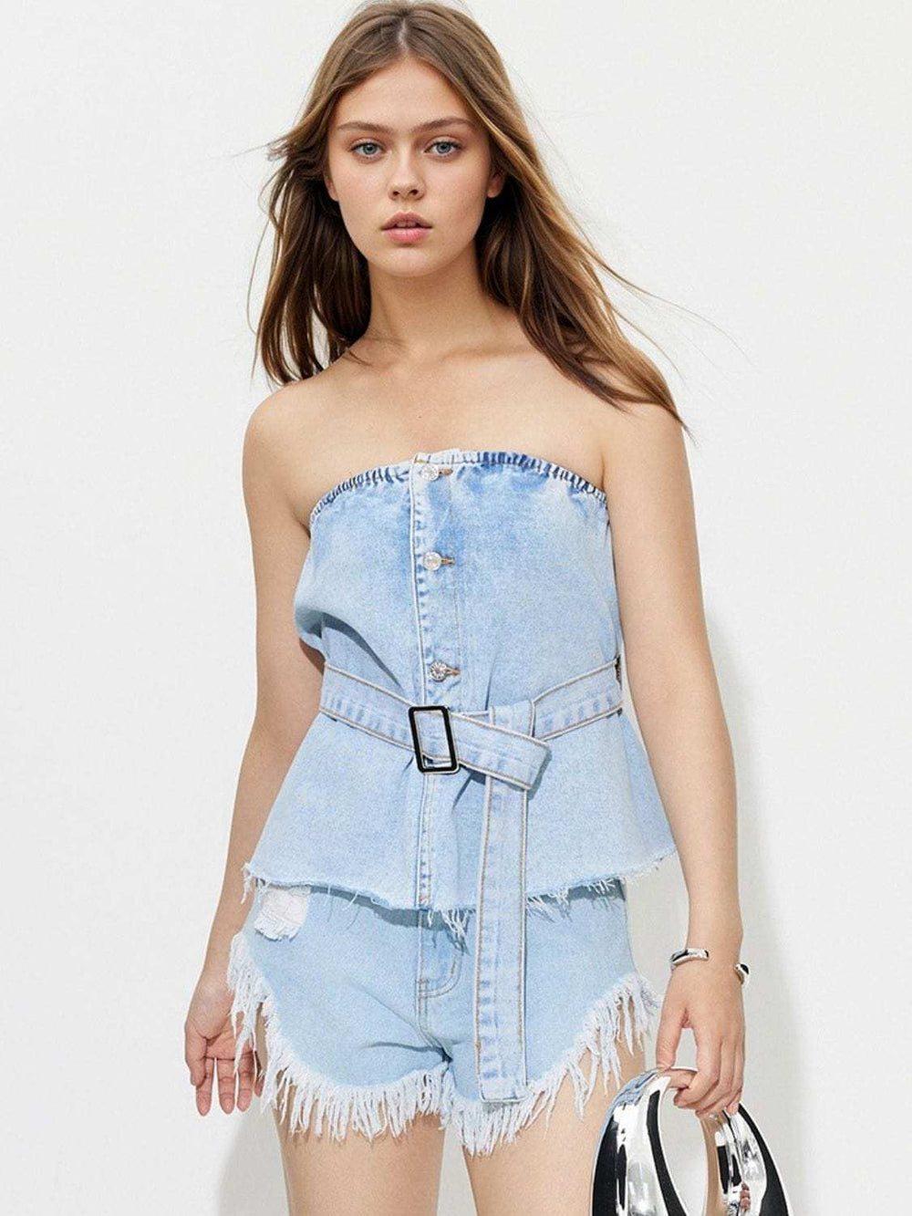 Buttoned Raw Hem Tube Denim Top - Trendsi - Flyclothing LLC