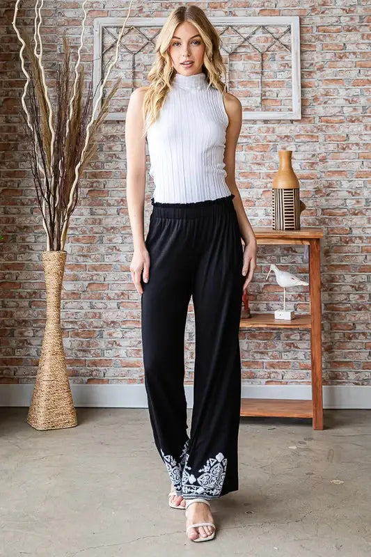 Heimish Full Size Solid Damask Casual Pants Plus Size - Trendsi - Flyclothing LLC