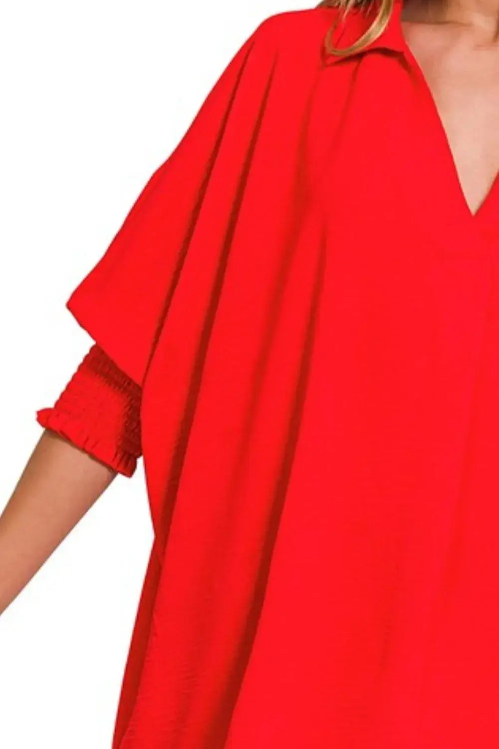 Zenana Airflow Collar Tee with Smocked Sleeve Band Top - Trendsi - Flyclothing LLC