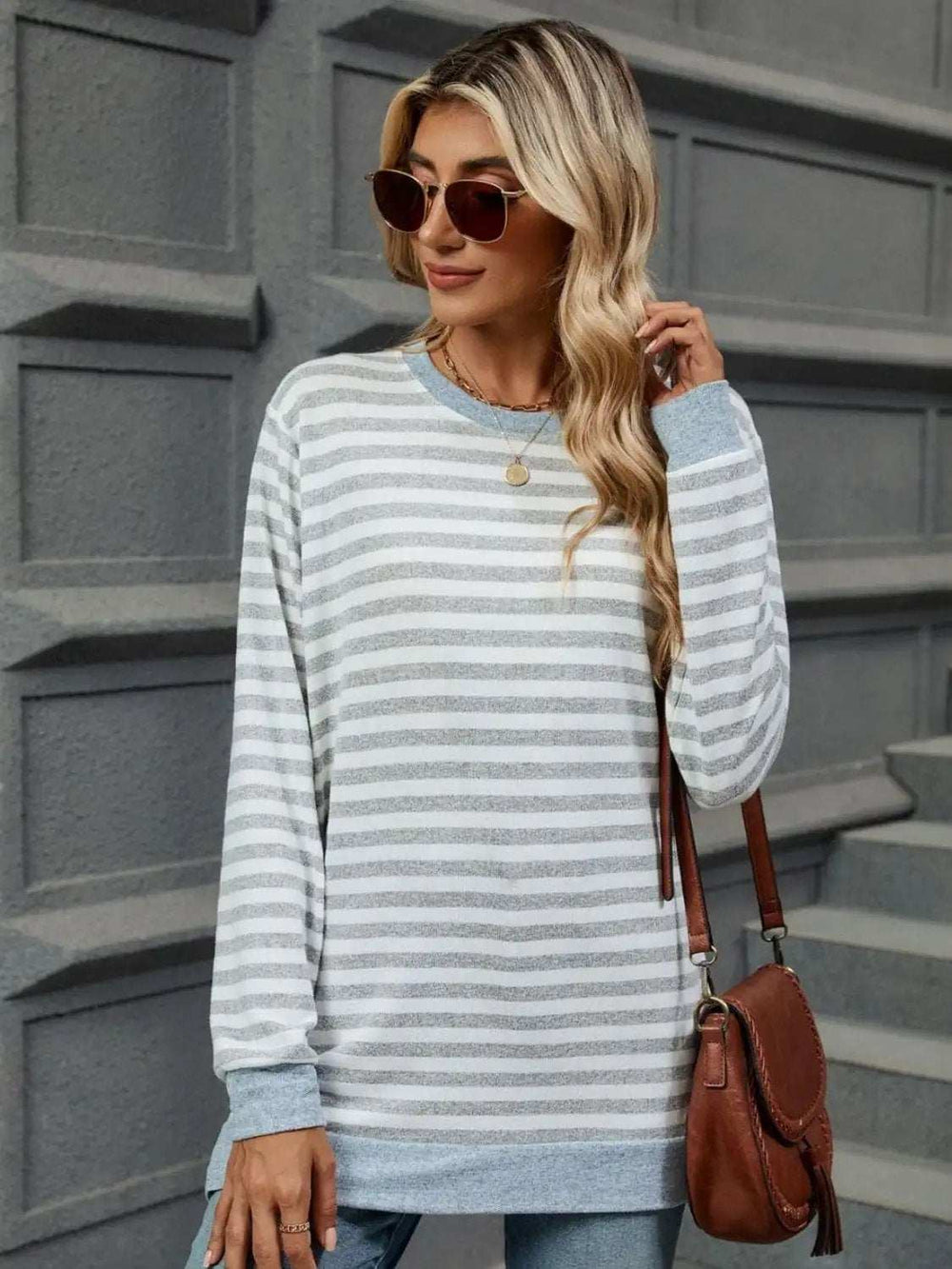 Striped Round Neck Long Sleeve T-Shirt - Trendsi - Flyclothing LLC