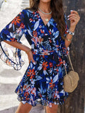 Ruffled Printed Surplice Half Sleeve Mini Dress - Trendsi - Flyclothing LLC