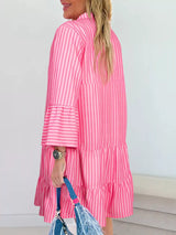 Stripe Flare Sleeve Half Placket Tiered Flowy Mini Dress - Trendsi - Flyclothing LLC