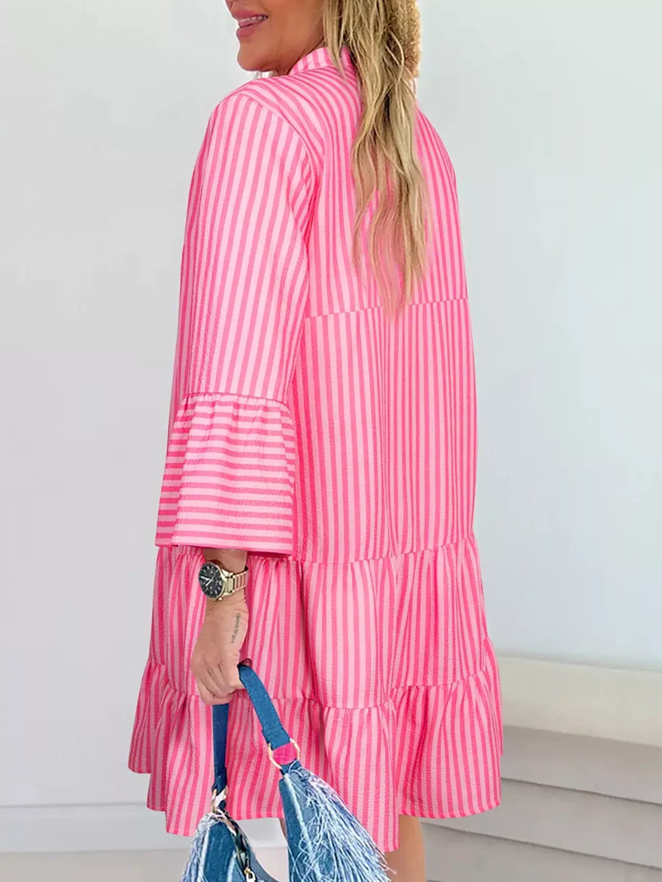 Stripe Flare Sleeve Half Placket Tiered Flowy Mini Dress - Trendsi - Flyclothing LLC