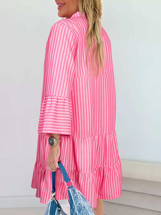 Stripe Flare Sleeve Half Placket Tiered Flowy Mini Dress - Trendsi - Flyclothing LLC